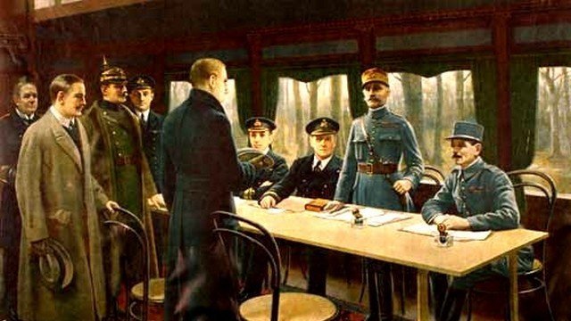 11-novembre -918-signature-armistice-dans- wagon-salon-du-maréchal-Foch-à-Rethondes-dans-la-forêt-de-Compiègne.