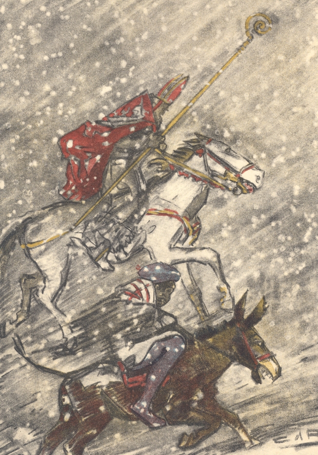 st-Nicolas-sur-un-cheval-dans-la-neige-avec-le-père-fouettard