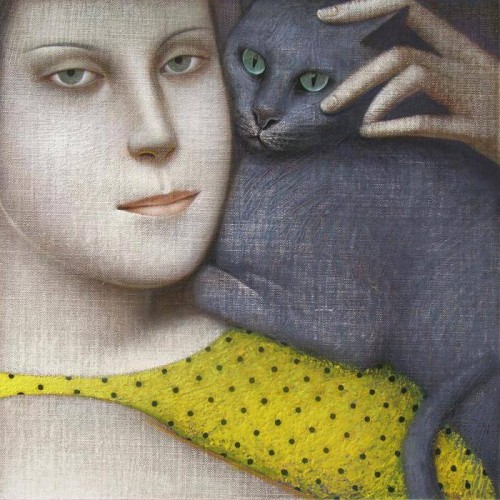 chat-gris-femme-robe-jaune-Vladimir-Dunjic