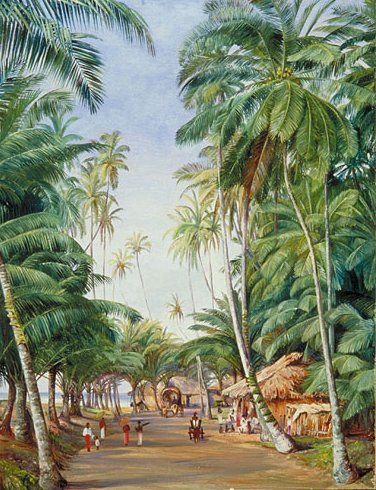 roadside-scene-under-the-cocoanut-trees-at-galle-ceylon-by-marianne-north